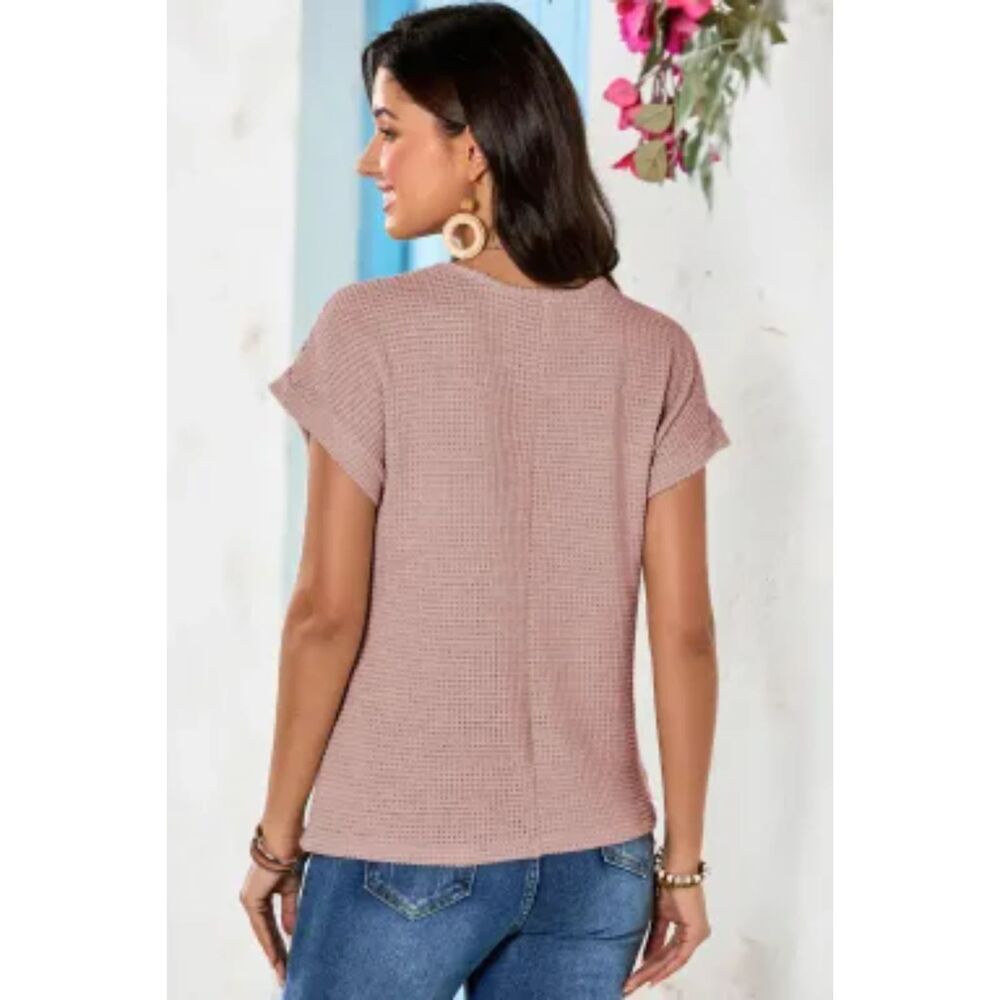 SHEWIN WOMEN LIGHT PINK HOLLOW PATCHWORK WAFFLE KNIT TOP - Picture 4 of 6